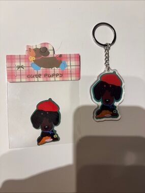 Dachshund Red Beret Keychain & Sticker Set